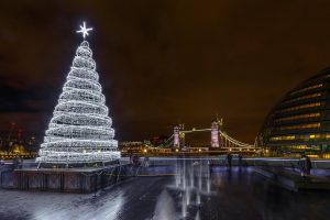 Christmas Tree and London Tower Bridge, UK, England