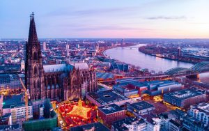 Cologne Germany Christmas market, aerial drone view over Cologne rhine river Germany Cathedral