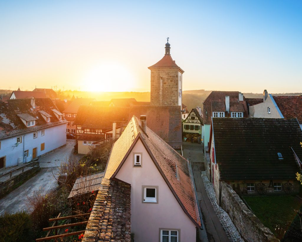 Old Town view with Siebersturm at sunset - Rothenburg ob der Tauber, Bavaria, Germany